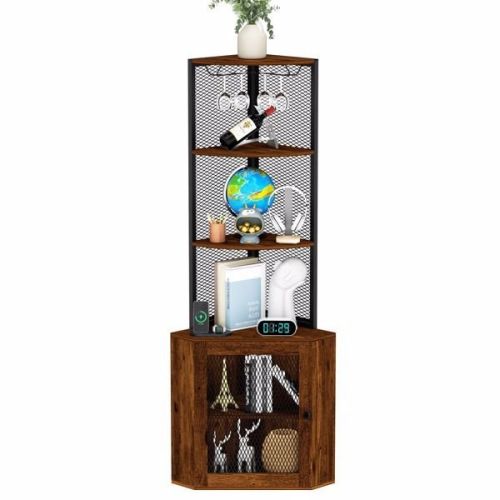 Corner Shelf with Doors, 65" Corner Cabinet & Wine Glass Rack, 6 Tier Bookshelf Display, Freestanding Corner Storage Stand for Kitchen, Living Room Corner Shelf with Doors, 65" Corner Cabinet & Wine Glass Rack, 6 Tier Bookshelf Display, Freestanding Corner Storage Stand for Kitchen, Living Room